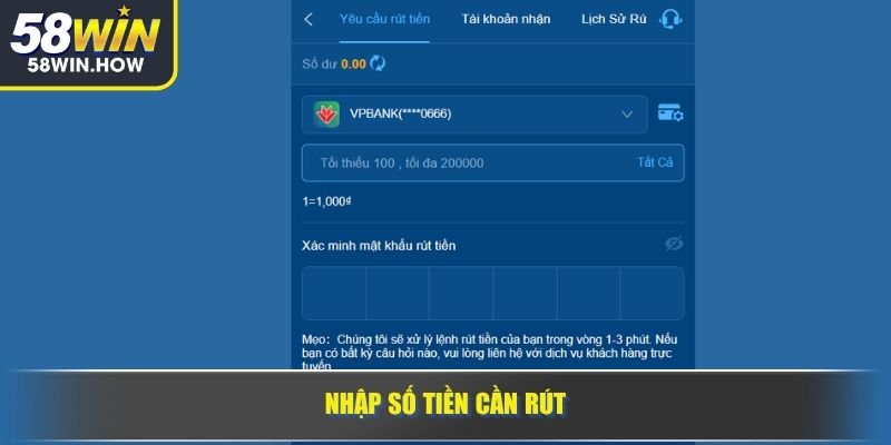 Nhập số tiền cần rút